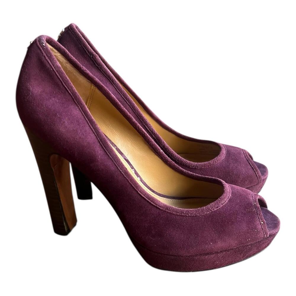 Coach Breana Platform Peep Toe Pumps Suede Leather Plum Purple Heel Size 9B